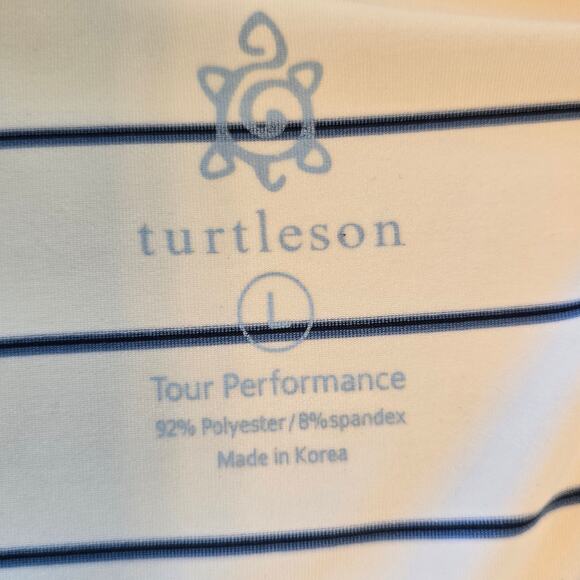 Turtleson Tour Performance Polo Men's L Blue White Stripe Monogram Golf READ - Picture 4 of 8